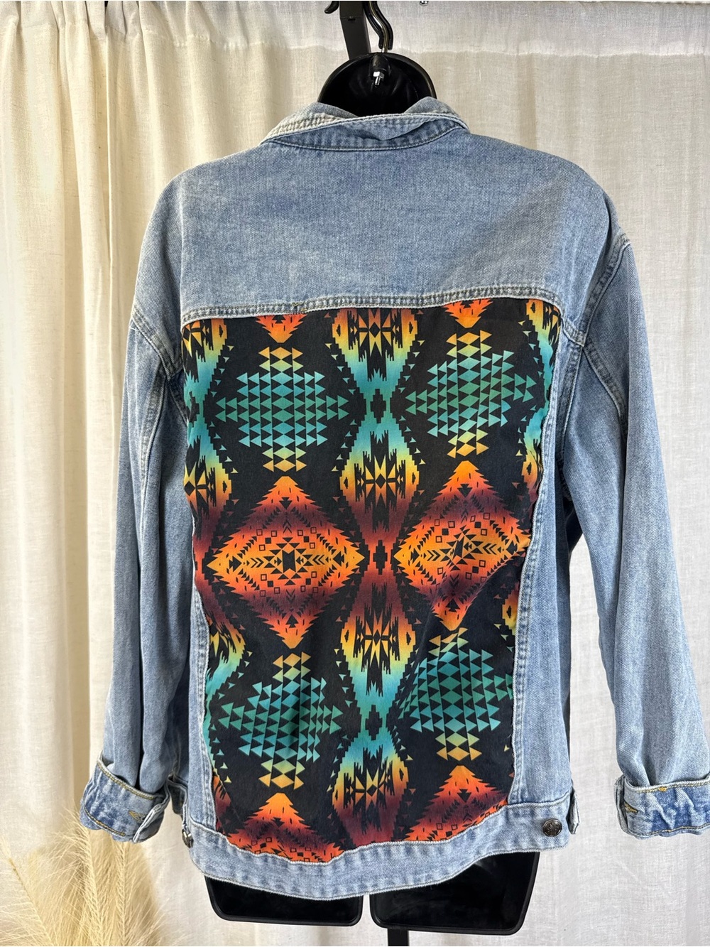 Crazy Train Light Blue Denim Jacket with Southwestern Red-Orange Yoke